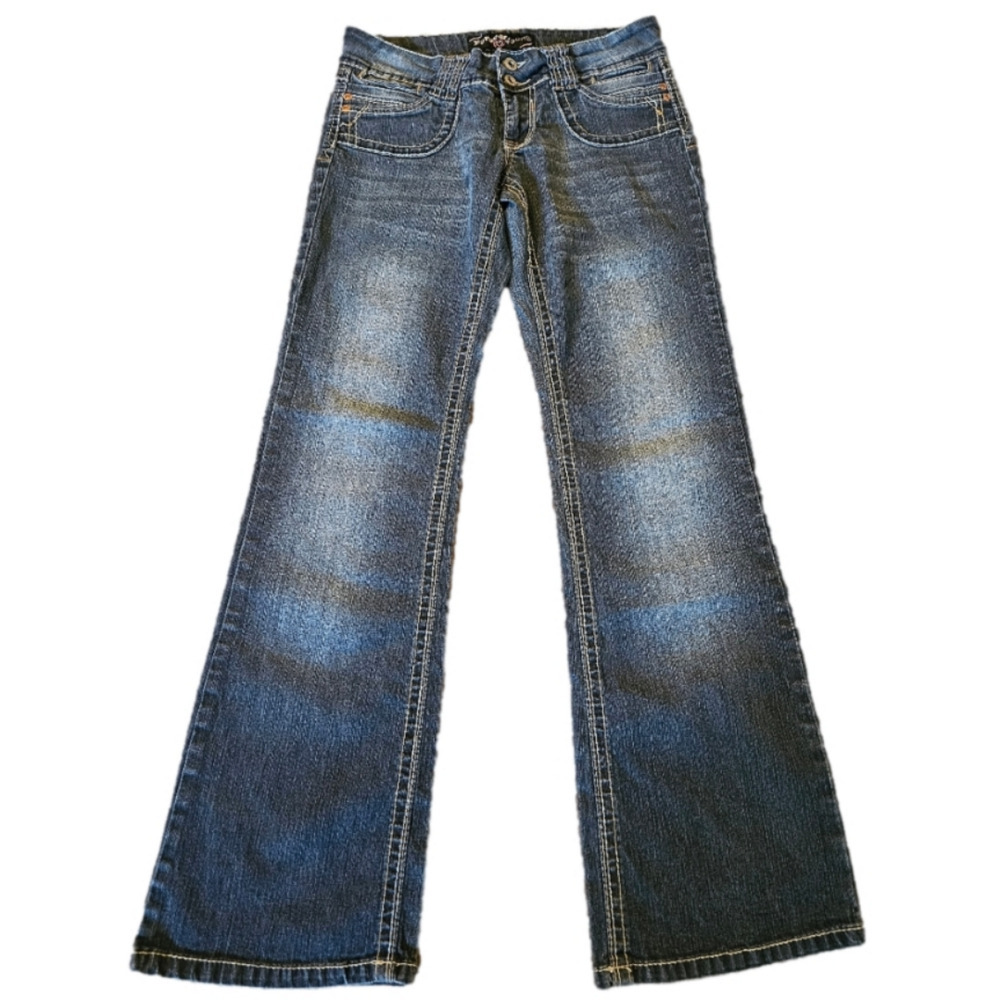 Forever Young Low Rise Dark Wash Flare Backflap Jeans Size 11 (Run Small)